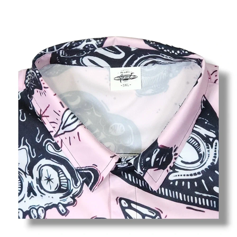 FYDUDE Catch The Waves Ken Style Halloween Short Sleeve Pink Shirt Men's 3XL‎